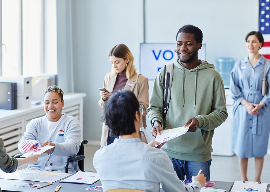 American votes line up a their polling place to cast ballots