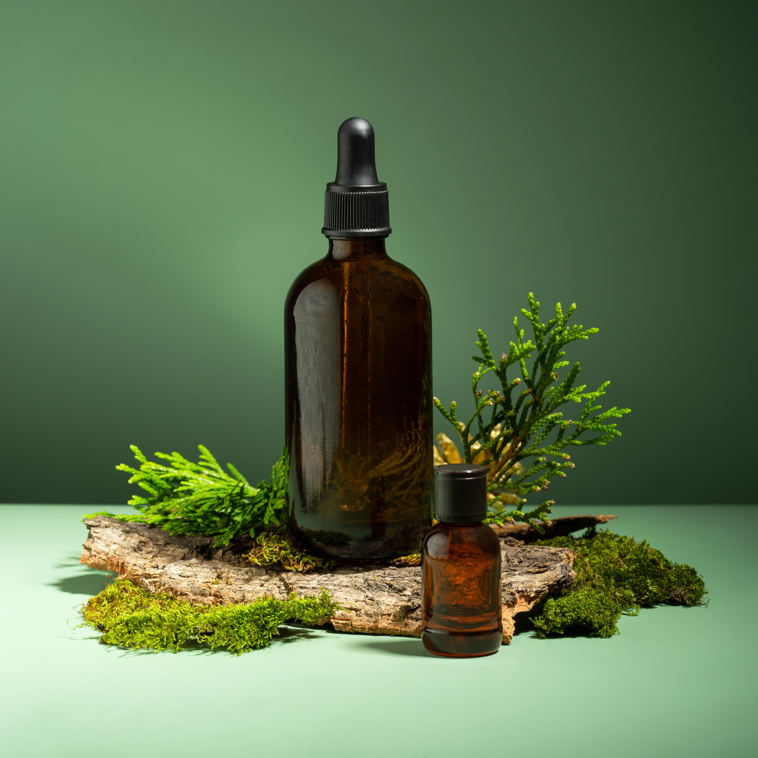 Conceptual composition of essential oils, moss and tree bark on a green background.Oil serum for skin and hair care. Glass bottles of body oil with a dropper. Self-care and wellness. Forest and nature